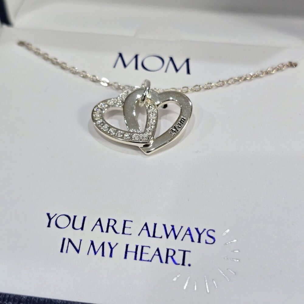 Sterling Silver ✦ Mom Double Heart Necklace ✦ Swarovski Crystal Pendant 18" NWT - Picture 1 of 7